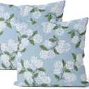 Light Blue Pillow Covers 18x18 Inch 2 Pcs Blue Green Hydrangea Flower Decor Throw Pillows Vintage Floral Seasonal Spring Summer Outdoor Decoration Pillowcase Linen Cushion Cover for Couch Sofa