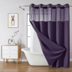 eachope Purple Long No Hook Waffle Weave Shower Curtain with snap-in Liner Replacement, 230GSM Waterproof Fabric Hotel Shower Curtain Set for Bathroom, Through Mesh Top Window,71Wx80H