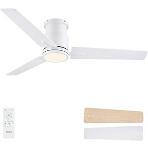 CJOY 52'' Flush Mount Ceiling Fan with Lights, Low Profile Ceiling Fans with Lights and Remote, 6 Speeds Quiet Reversible DC, 3CCT Dimmable, Outdoor Ceiling Fans for Patios Bedroom Living Room (52 IN, White)