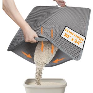 Cat Litter Mat-30"X24" Jumbo Litter Trapping Mat EVA Honeycomb,Urine & Waterproof Scatter Control Matt for Cat with Handle Design Easier to Clean, Less Waste, Soft On Paws, Gray
