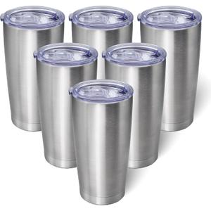 20oz Tumbler Bulk Stainless Steel Tumblers with Lid Vacuum Insulated Double Wall Travel Coffee Mug Powder Coated Tumbler Cup for Hot and Cold Drinks(Stainless Steel, 6 pack)