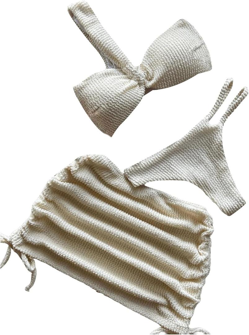 GORGLITTER Women's 3 Piece Swimsuits Textured One Shoulder Bikini Set with Beach Cover Up Skirt (Beige)