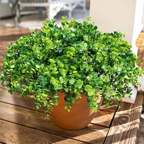 HyeFlora Artificial Plants for Outdoors Outside Spring Summer Decoration, 12 Bundles Faux Eucalyptus Leaves Stems Bulk Fake Greenery Branches Look Real UV Resistant for Home Porch Patio Planter Yard