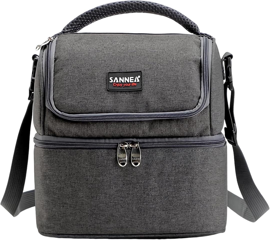 Lunch Bag Women,Double Decker Cooler Insulated Lunch Box Lunch Tote Durable Reusable with Adjustable Strap for Adult Men Work Picnic Travel Meal Prep (Gray)