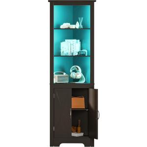 ChooChoo Tall Corner Storage Cabinet with LED Lights, 5-TierBookshelf Stand with Barn Doors, 66.9" Gothic Corner Display Cabinet with Adjustable Shelf for Living Room, Gaming Room, Black