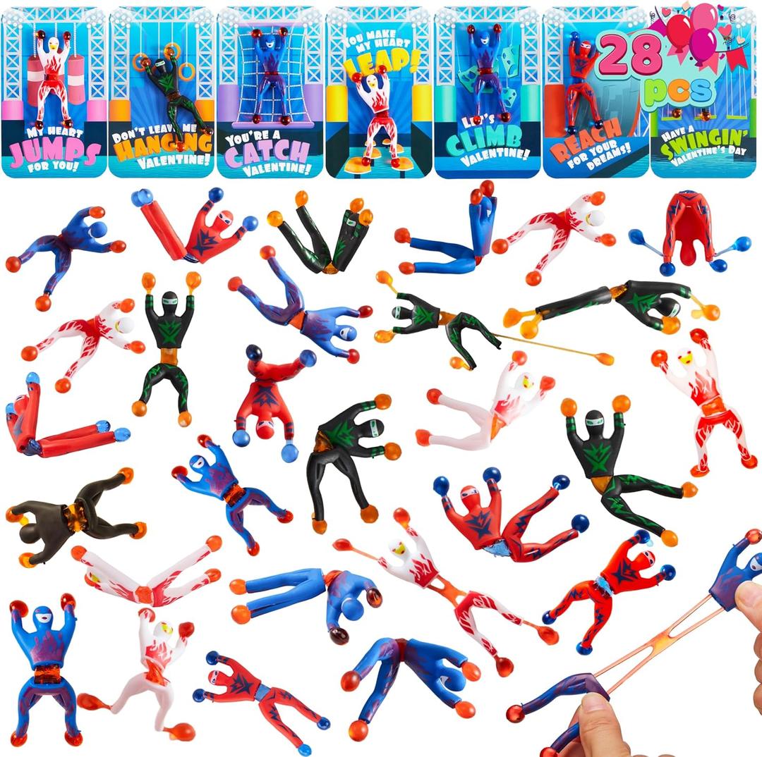 JOYIN 28 Pack Valentine's Day Ninja Sticky Man with Cards, Classroom Exchange Gift for Kids, Classroom and Holiday Reward Prizes, Valentines Party Favors, Ninja Sticky Man Toys