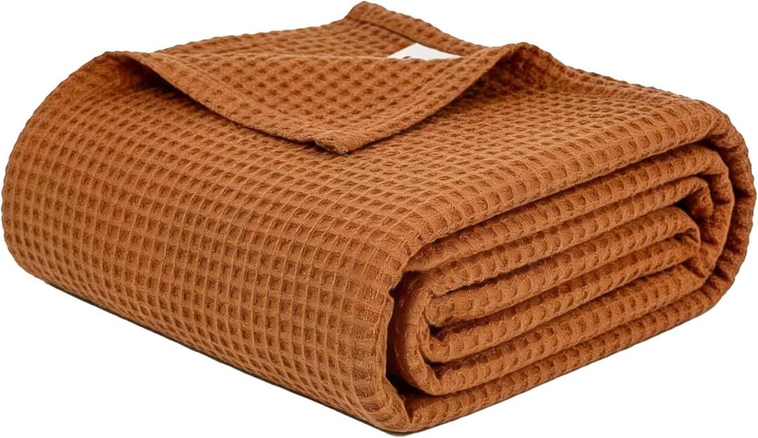100% Cotton Waffle Weave Blanket King Size, Soft Lightweight Breathable Cozy Blankets for Bed Couch Home Dcor All-Season Use (Caramel, 104"x90")