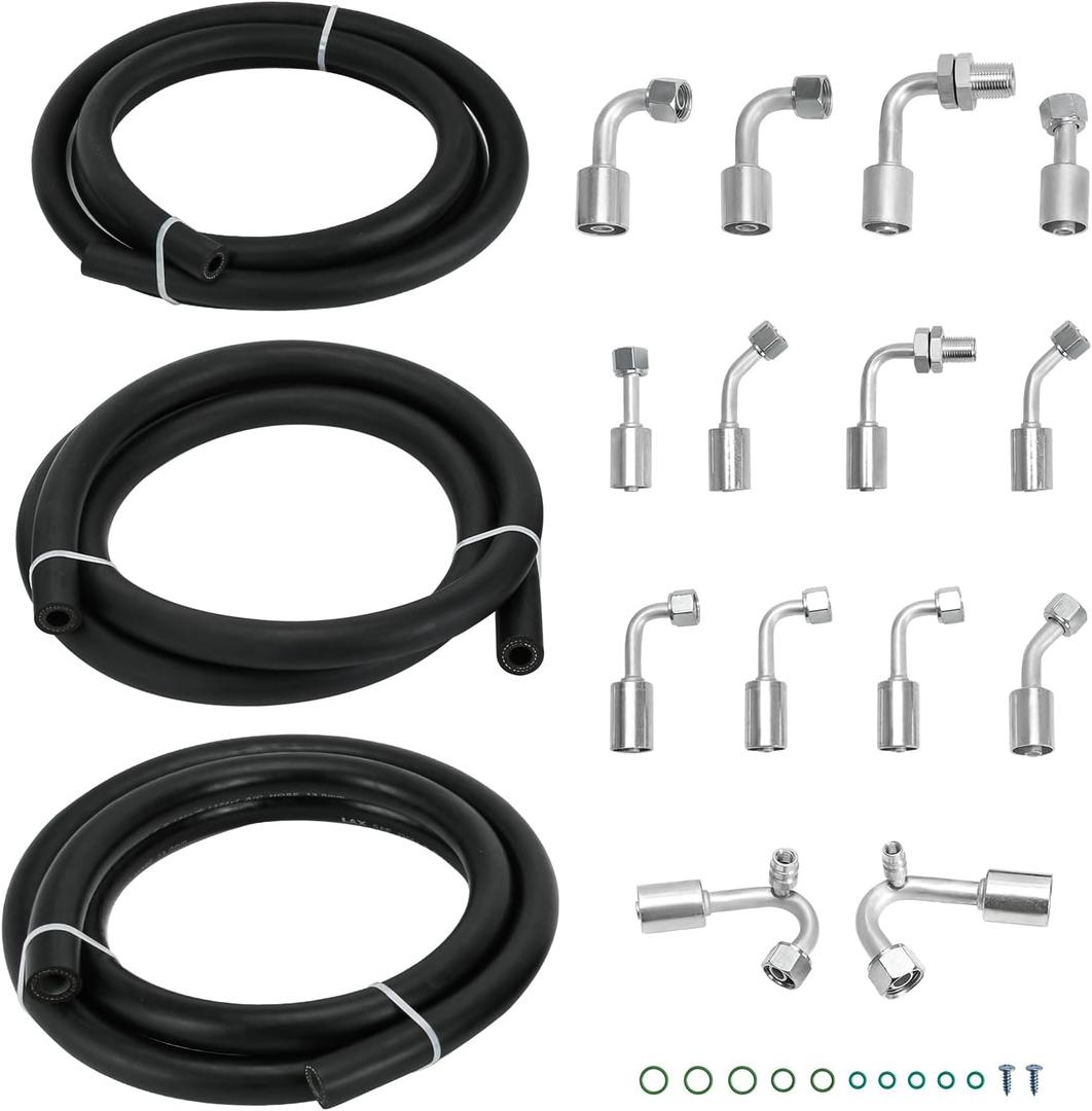 17PCS Air Conditioning Hose & Fitting Kit, Universal Air Conditioning Extended Length Hoses Includes 6.5ft #6#8#10 AC Hoses and #6#8#10 AC Fittings (17psc)