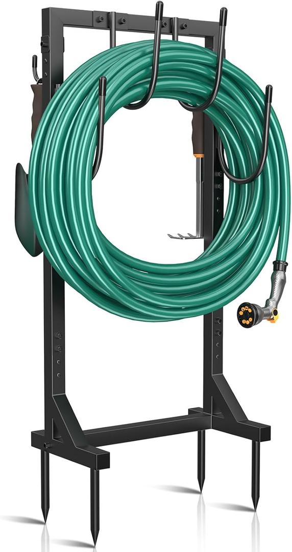 Garden Hose Holder Water Hose Holder with 4 Spikes, Freestanding Hose Hanger Outdoor Hold Stand Heavy Duty 6 Hooks Metal Garden Hose Storage Hose Reel Rack for Outside (Black)