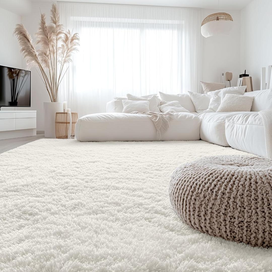 OLANLY 8x8 Machine Washable Large Area Rugs for Living Room, Bedroom, Soft Fluffy Shaggy Bedside Rug, Indoor Floor Carpet for Kids Girls and Boys, Dorms, Nursery, Home Decor Aesthetic, Ivory, 8x8 Ft Square