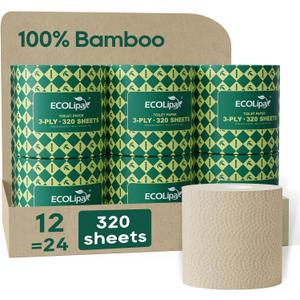 ECOLipak Bamboo Toilet Paper 3 Ply, Septic Safe Toilet Tissue, 12 Double Rolls, 320 Sheets Per Roll, Tree Free, Non Toxic, Soft and Absorbent, Eco Friendly Dye-Free Paper, Brown