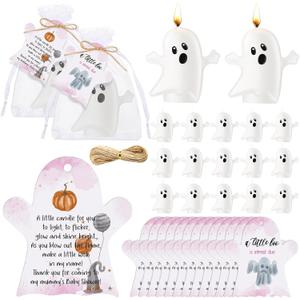 MTLEE 50 Sets Halloween a Little Boo is Almost Du Baby Shower Favors Cute Ghost Candles Unscented with Mini Ghost Thank You Cards Bags for Halloween Boo Gender Reveal Party Supplies (Pink)