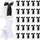 Lounsweer 50 Pcs Folding Chair Cover Set with 25 Stretch Spandex Slipcovers 25 Satin Chair Sashes Bows Ribbon Washable Banquet Protector for Wedding Event Party(White, Black)