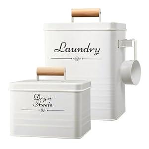 Cruleen Farmhouse Metal Laundry Pods Container with Dryer Sheet Holder for Organization and Storage, Laundry Room Decor - Holds 156 Pods and 300 Sheets (White)