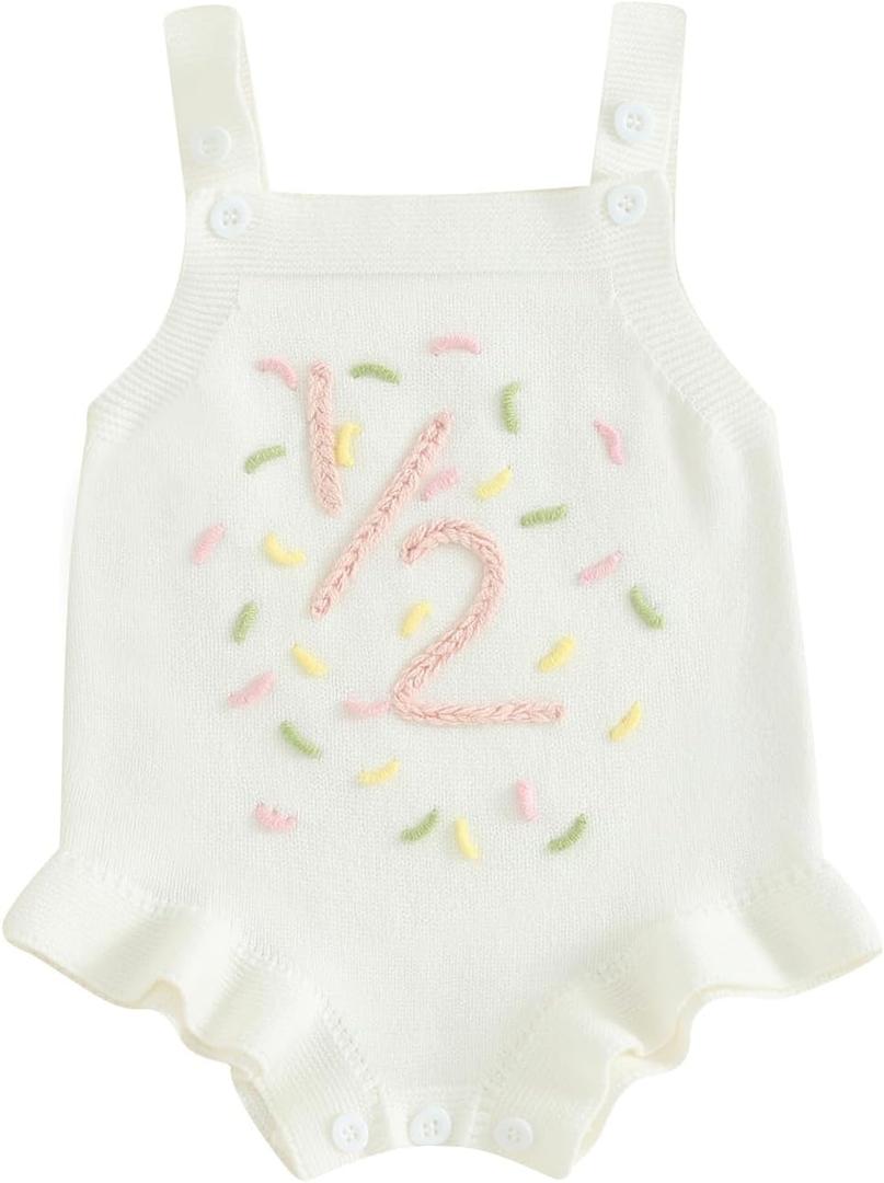 Baby Girl Half 1st Birthday Outfit Sleeveless Knit Sweater Onesie Embroidery Romper Infant Cake Smash Outfit (6-12 Months)
