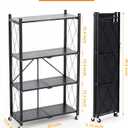COKIHOM 4 Tier Foldable Storage Shelf, Large Capacity Metal Shelf Rack, Rolling Bookshelf with Wheels, Wire Shelf Organizer for Kitchen, Pantry, Office, Garage, Basement, Black