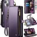 Defencase Compatible with iPhone 14 Case Wallet with RFID Blocking Card Holder for Women and Men, Fashion PU Leather Magnetic Snap Flip Zipper Strap Wallet Phone Case Fit for iPhone 14 6.1", Purple