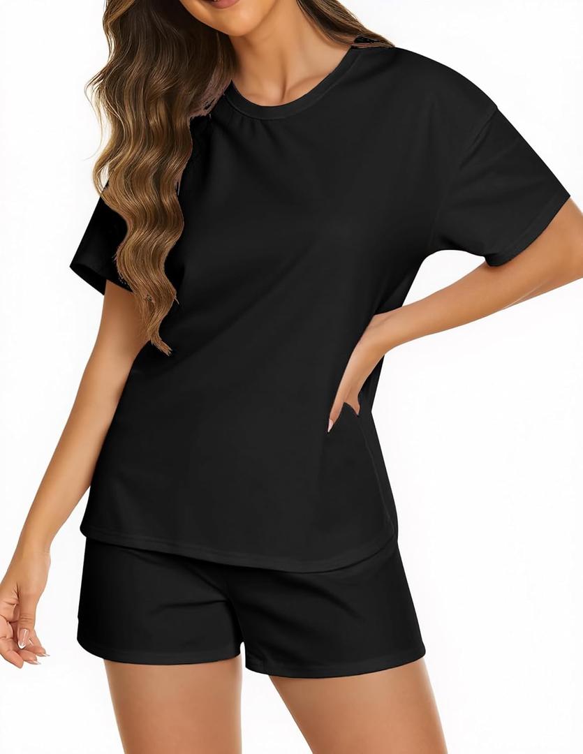 KFUBUO Women 2 Piece Pajamas Set Cute Summer Pj Short Sleeve and Shorts Matching Sleepwear (Small, Solid Balck)