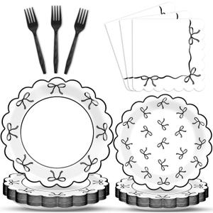 96Pcs Black White Bow Party Decorations Girl Bow Birthday Paper Plates Napkins Supplies Bowknot Themed Cake Tableware Dinnerware for Bachelorette Engagement Wedding Baby Bridal Shower Serves 24