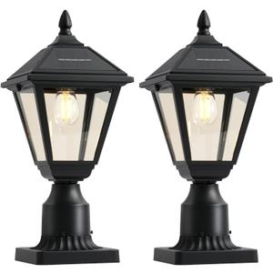 Solar Lamp Post Lights 2 Pack, 3000K Dusk to Dawn Solar Post Lights with Pier Mount Base, Waterproof Outdoor Post Lantern, Aluminum & Glass Housing for Garden Yard Pole Pillar