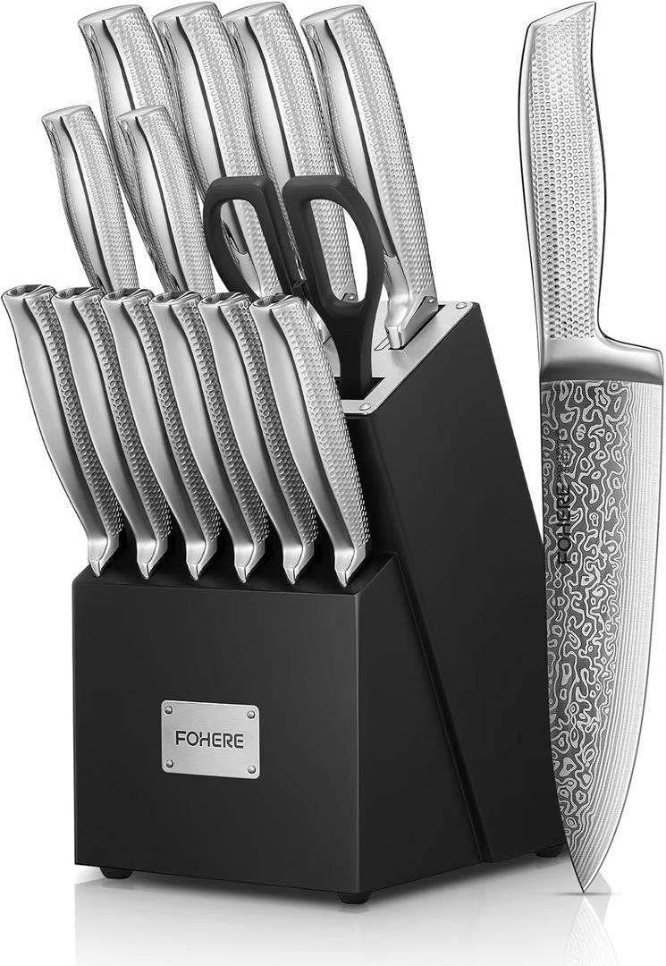 Knife Set with Block, FOHERE Stainless Steel Knife Block Set with Advanced Self Sharpening Technology, 14 Pieces Waved Texture Kitchen Knife Set, Sharp Knives with Non-slip Ergonomic Handle
