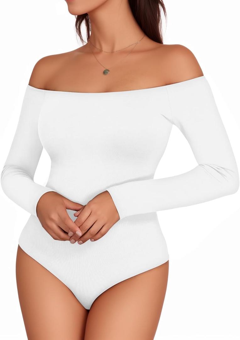 MANGOPOP Women's Off The Shoulder Long Sleeve Short Sleeve Bodysuit Sexy Backless Body Suit Tops (Medium)