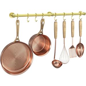 ROTHLEY Stainless Steel Hanging Pot Rack Hanger: 23.7 Inch Brass Pot and Pan Hanger Wall Mounted Hanging Pot Bar Rack Heavy Duty Pot Hangers Kitchen Rail with 8 S Hooks