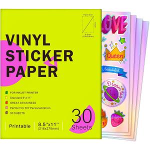 Holographic Printable Vinyl Sticker Paper for Inkjet Printer-30 Sheets 8.5" x 11"-Waterproof Labels Paper, Dries Quickly, Vivid Colors, Tear Resistant, DIY Sticker