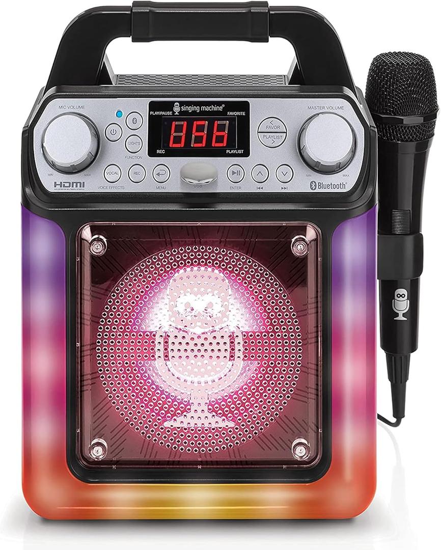 Singing Machine Portable Karaoke Machine with Wired Mic, Bluetooth, LED Lights - For Adults & Kids (Black)