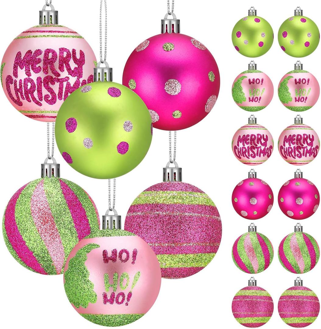 12 Pcs 2.4 Inch Christmas Ball Ornaments for Tree, Xmas Glittering Hanging Bulbs Pink and Green Plastic Pendants Baubles for Christmas Tree Ornaments Xmas Holiday Party Decor Favors