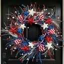 24 Inch Patriotic Wreath for Front Door, Red White Blue Glitter Wreaths with 3D Hat & Berries, Memorial & Independence Day Decorations for Porch Wall Window
