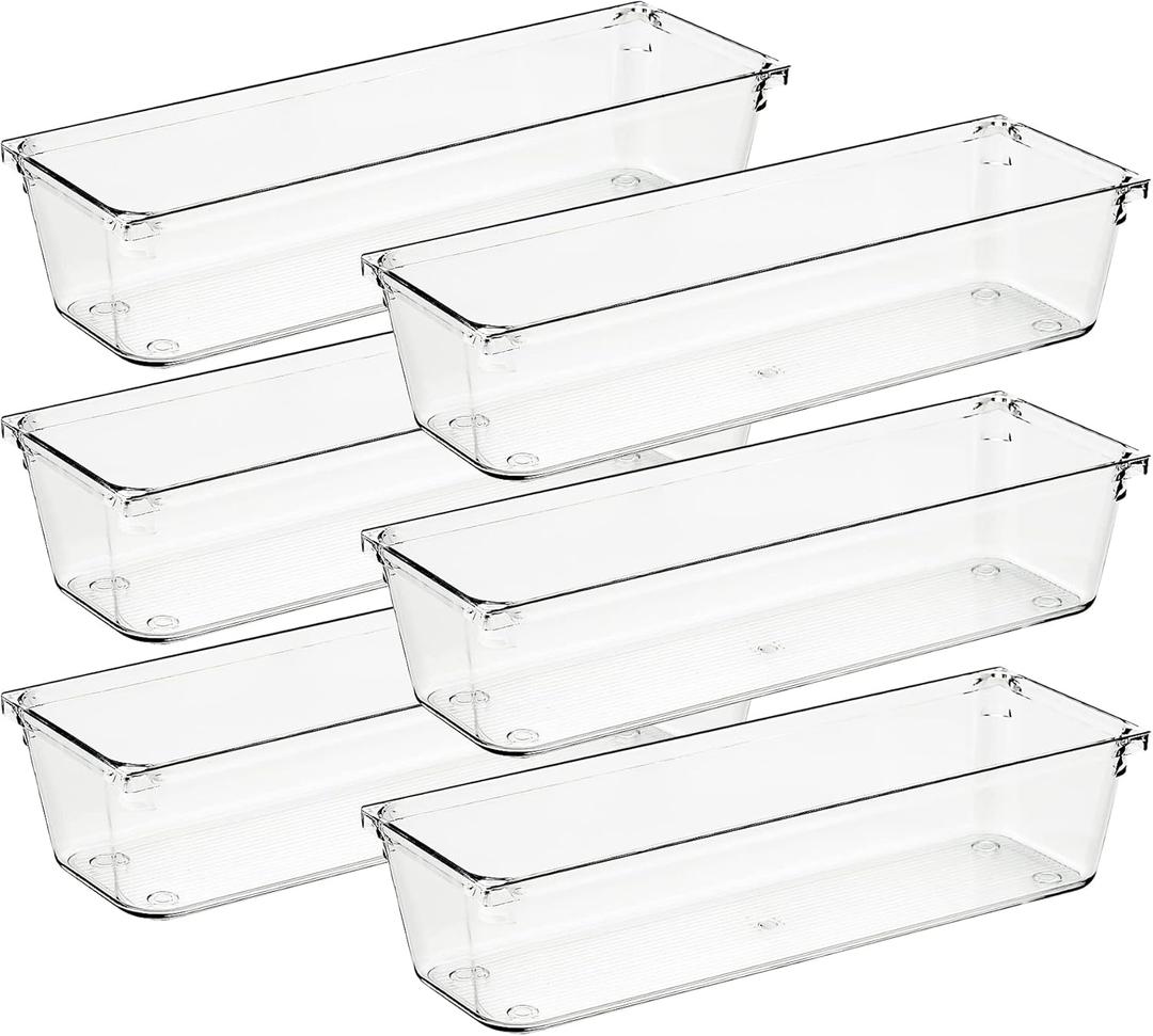 Ravinte 6 Pack Drawer Organizer - 3" X 9" Plastic Storage Bins, Acrylic Organizers with Non-Slip Pads Clear Desk Storage Tray for Makeup, Jewelries, Kitchen Utensils, Bathroom and Office