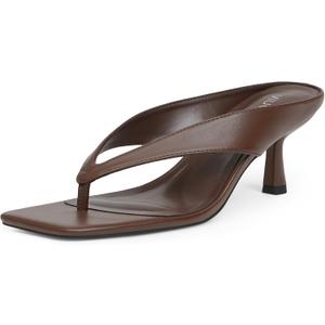VIUGJNEX Women’s Kitten Heels Flip Flops Slip On Open Toe Low Heels Thong Square Slide Summer Fashion Party Heeled Dressy Sandals for Women (Brown, 9)