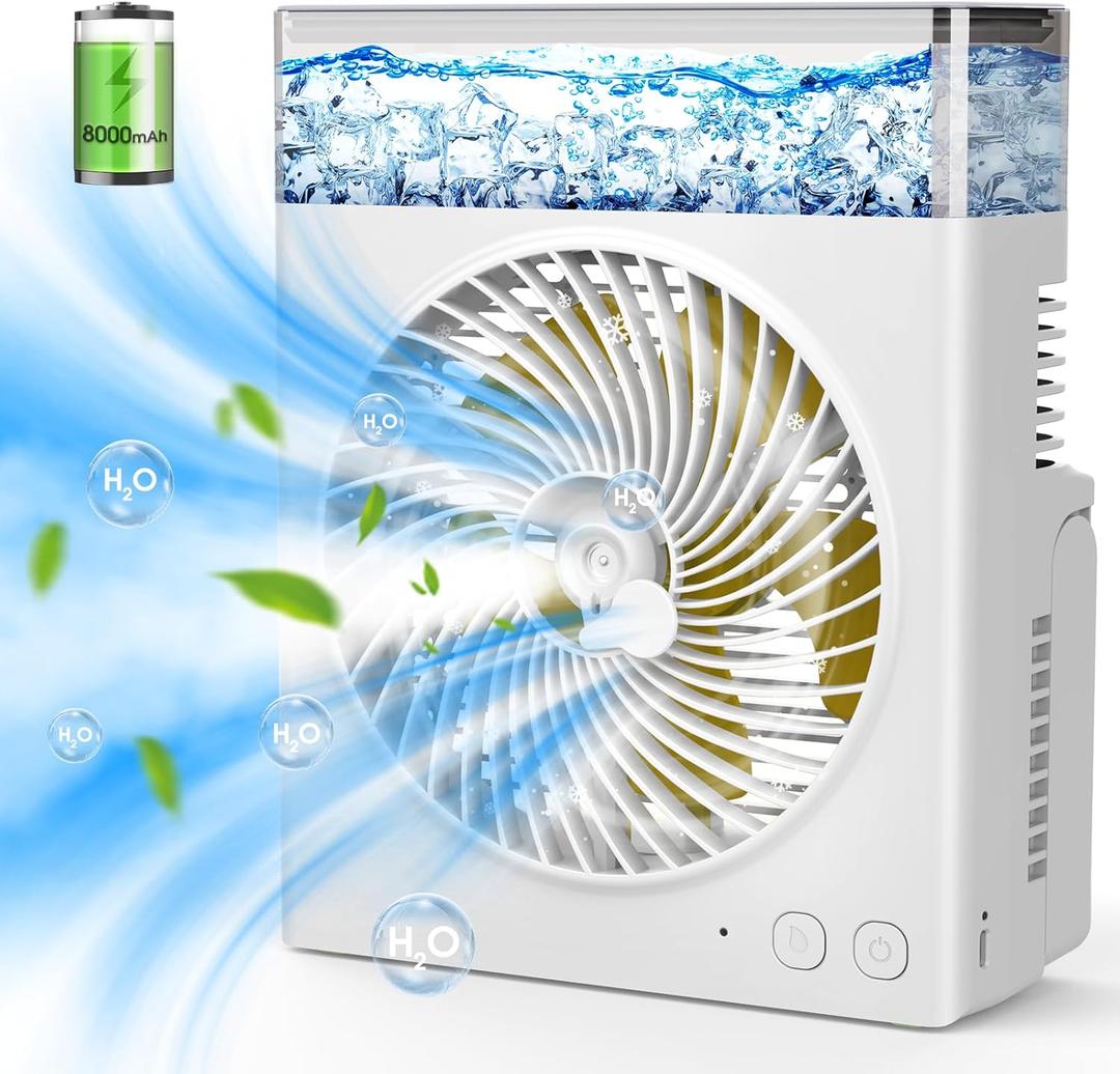 Misting Fan Portable, 8000mAh 8-Inch Rechargeable Battery Operated Fan with 600mL Water Tank, Cooling Desk Misting Fans for Outside, Perfect Quite Mist Water Spray Fans for Home Office Camping Patio (White)