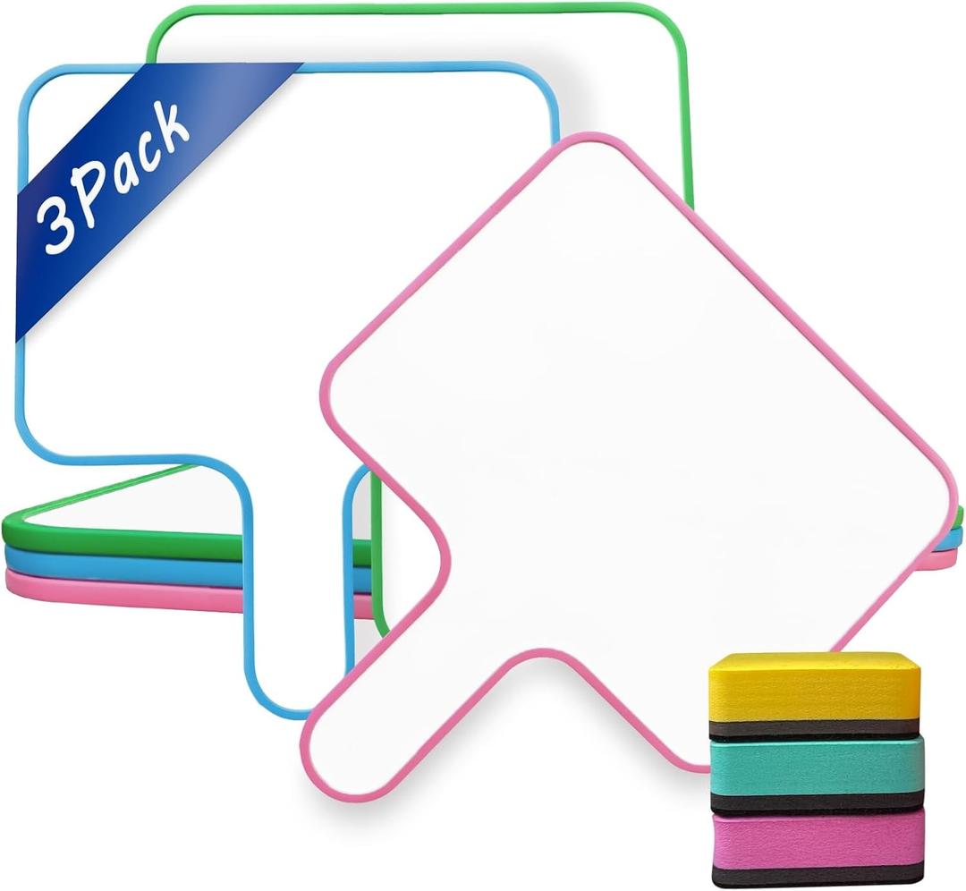 3 Pack Dry Erase Board Classroom Pack- 10''X 8'' Dry Erase Paddles with Handle Double-Sided Small Whiteboard with 3 Colorful Erasers for Homeschool Office Mini Writing Board