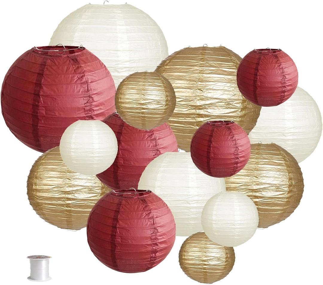 Paper Lanterns Party Decorations, Round Hanging Paper Lanterns Decorations for Graduation Bachelorette Wedding Birthday Party Supplies Maroon/Gold/Ivory 15pcs
