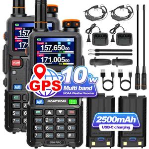 BAOFENG 5RH PRO GPS 10W Tri Band Ham Radio Long Range Handheld Two Way Radio,640CH,NOAA Weather Receiver,Walkie Talkies with Earpiece,USB-C Rechargeable 2500mAh Battery,Upgrade of baofeng 5RM,2 Pack