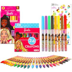 Disney Barbie Coloring Set for Girls - Bundle with 8 Barbie Markers and 24 Barbie Crayons for Coloring, Crafts, Drawing, and More Plus Stickers | Barbie School Supplies for Kids