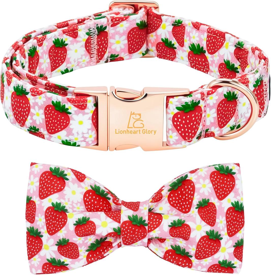 Lionheart Glory Dog Bow Collar - Dog Collar with Bowtie Soft Adjustable Dogs Spring Strawberry Flowers Print Collars Male Female Cute Collars for X-Small Dogs Bows