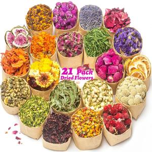 Dried Flowers, 21 Bags 100% Natural Dry Flower Herbs Kit for Soap, DIY Candle, Bath, Resin Jewelry Making Include Lavender, Don't Forget Me, Lily, Rose Petals, Jasmine and More