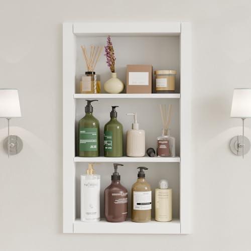 HAIDAIYA 14'' * 24'' Recessed Medicine Cabinet Wall Niche Wood, 3-Tier Bathroom Niche Insert for Drywall, in Wall Shelf Medicine Cabinets Replacement, for Living Room, Bathroom Storage, White