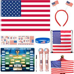 2026 World Cup Merch Soccer Fan Set Includes 10pcs Country Supporter Kit with Flag Headband, 2 Thunder Sticks,Flag,Wristband,Drawstring Bag,Dry Erase Schedule Poster & Pen