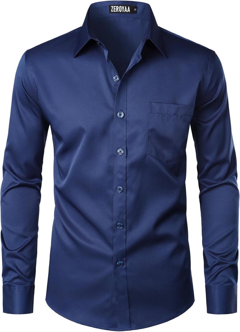 ZEROYAA Men's Urban Stylish Casual Business Slim Fit Long Sleeve Button Up Dress Shirt with Pocket (Medium, Navy Blue)