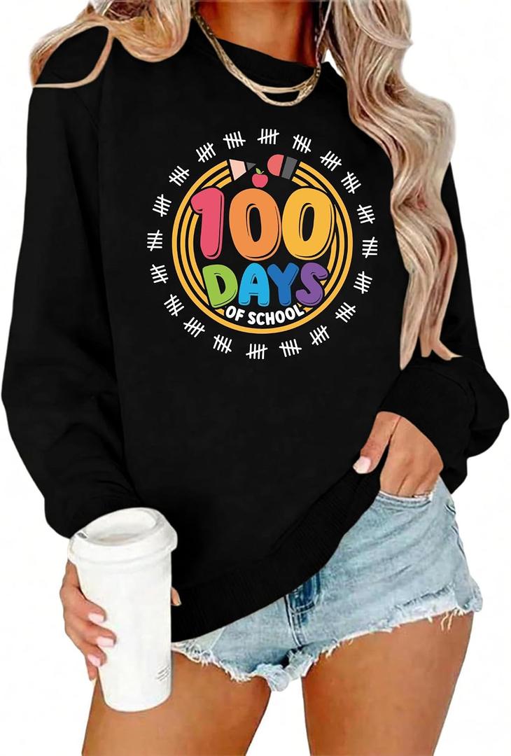 100 Days of School Shirt : Women 100 Days of School Sweatshirt Cute Teacher Long Sleeve Shirts School Teachers Gifts Tops (Black, L)