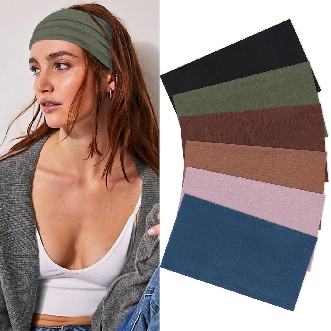 6 Pcs Wide Headbands for Women Fashion Headband Stretch Turban Boho Head Bands Hair Band Workout Sport Hairband Accessories (Black, Pink, Coffee, Green, Blue, Dark Brown)