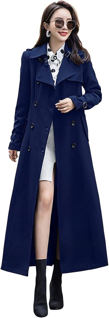 ebossy Women's Double Breasted Duster Trench Coat Slim Full Length Maxi Long Overcoat (Medium, Navy Blue)