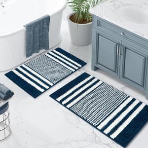 Tindbea Bathroom Rugs Set 2 Piece, Extra Soft and Absorbent Fluffy Striped Chenille Bath Mat Rug Set, Non Slip Bathroom Floor Mat, Machine Washable (20" x 32" Plus 16" x 24", Navy Blue)