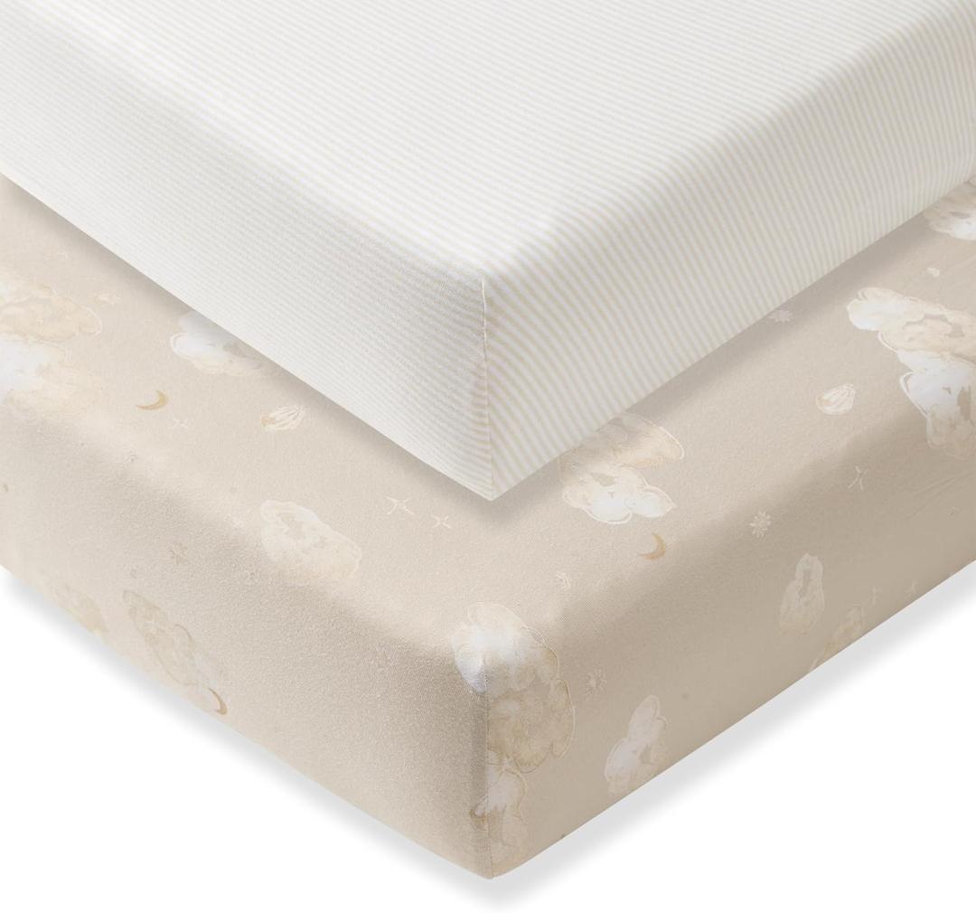 Burt's Bees Baby Essential Organic Cotton Fitted Crib Sheet, Breathable for Boy Girl Standard Crib & Toddler Mattresses (2-Pack, Good Night Sky Stone 2-pk)