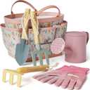 Gardening Set, Tool Kit, for Kids, STEM, Includes Tote Bag, Spade, Watering Can, Rake, Fork, Trowel and Gloves (Petal)