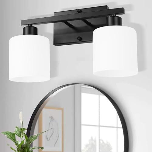 SILAMPDI Black Bathroom Lighting Fixtures Over Mirror, Modern 2-Light Vanity Lights Fixtures Rustproof Wall Sconces Light for Bedroom, Hallway, Milky White Glass Shades, E26 Base, Bulbs Not Included